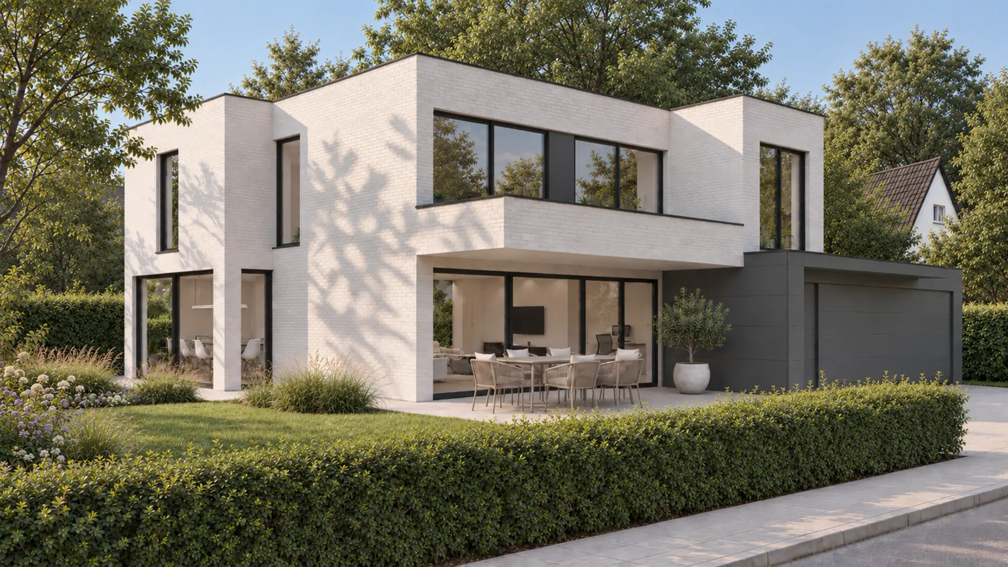 Visualisierung eines zweigeschossigen Einfamilienhauses in Essen-Haarzopf mit heller Klinkerfassade, überdachter Terrasse und dunkler Garage.